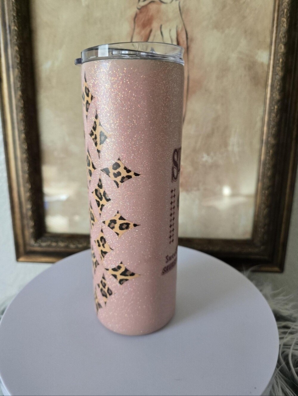 Handmade 20oz Skinny Tumbler Pink Glitter Leopard Print Stainless Steel Cup - Picture 3 of 6
